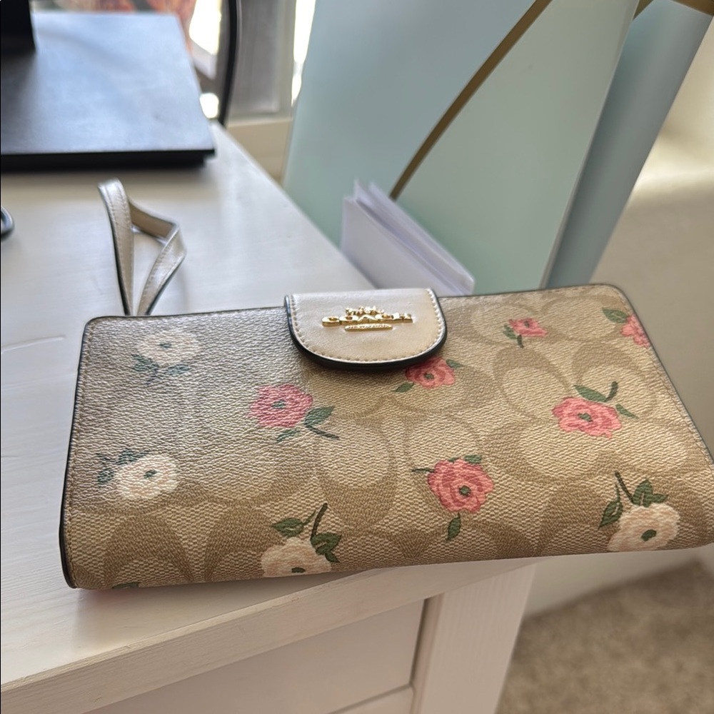 Coach Tan Wristlet with Pink Floral Design